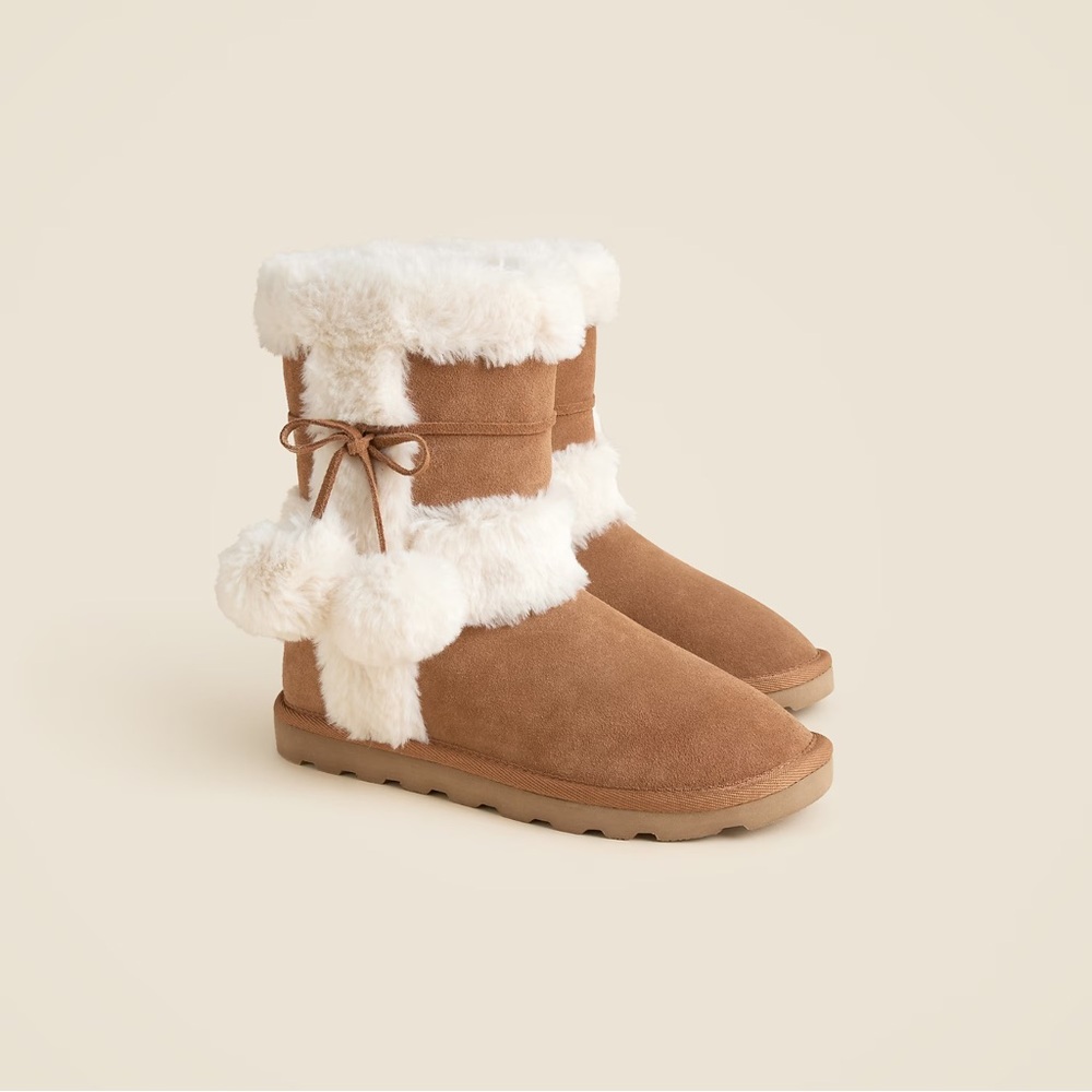 (Size 11- New in Box) J. Crew Faux-fur booties in suede with pom-poms